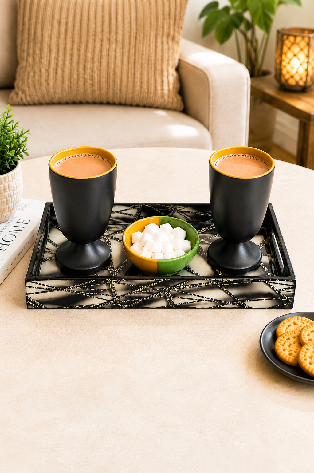 Couple Tea Time Serving Tray Set | 2 Ceramic Goblet Cups with Sugar Bowl & Decorative Serving Tray | Premium Tea Coffee Hot Chocolate Gift Set