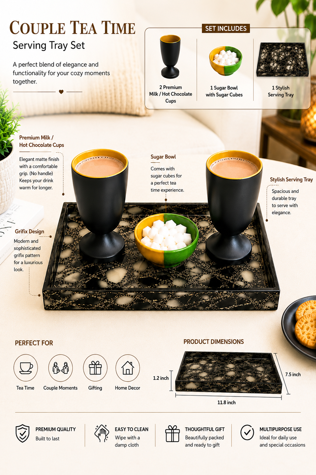 Couple Tea Time Serving Tray Set | 2 Ceramic Goblet Cups with Sugar Bowl & Decorative Serving Tray | Premium Tea Coffee Hot Chocolate Gift Set