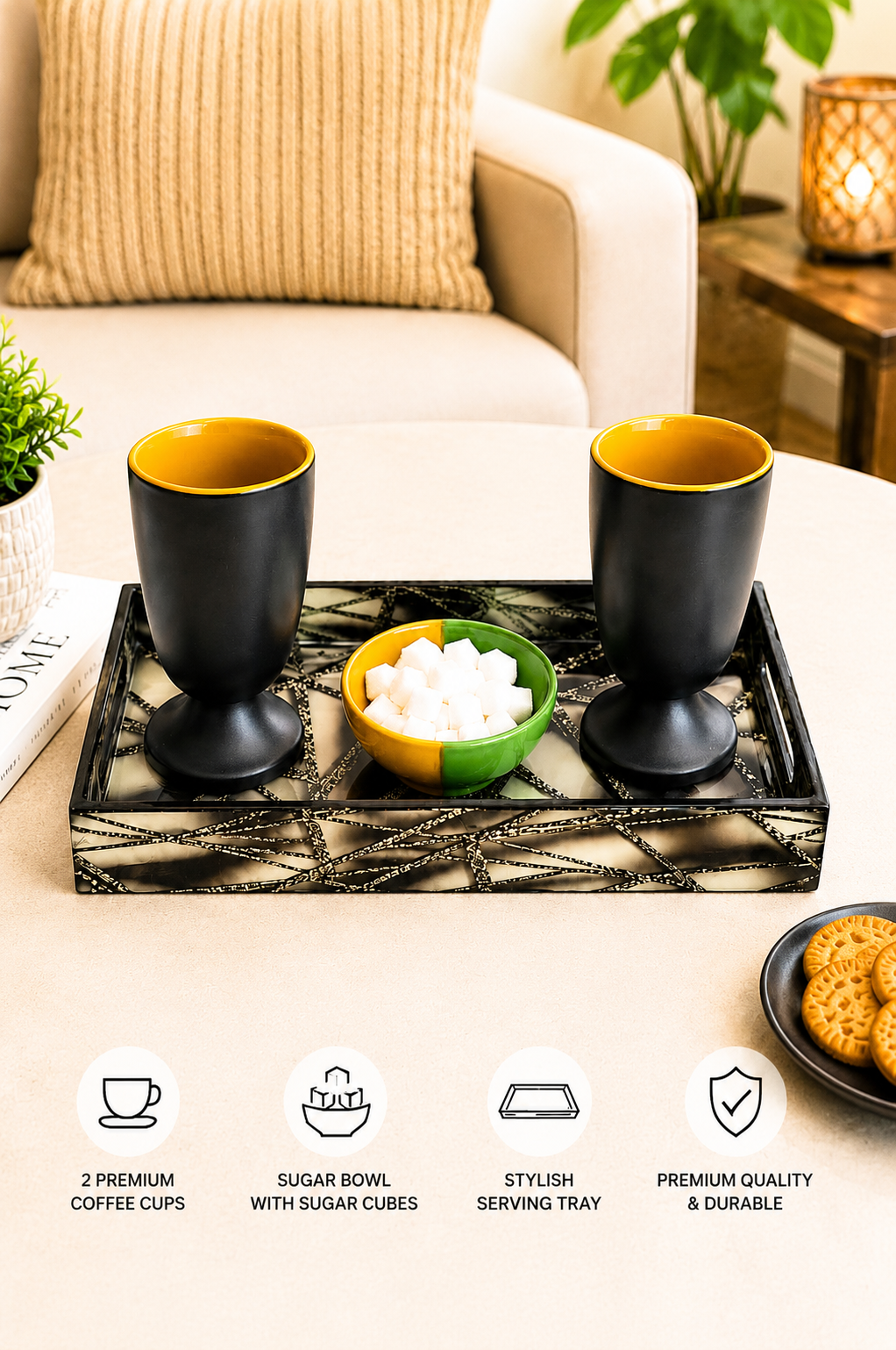 Couple Tea Time Serving Tray Set | 2 Ceramic Goblet Cups with Sugar Bowl & Decorative Serving Tray | Premium Tea Coffee Hot Chocolate Gift Set