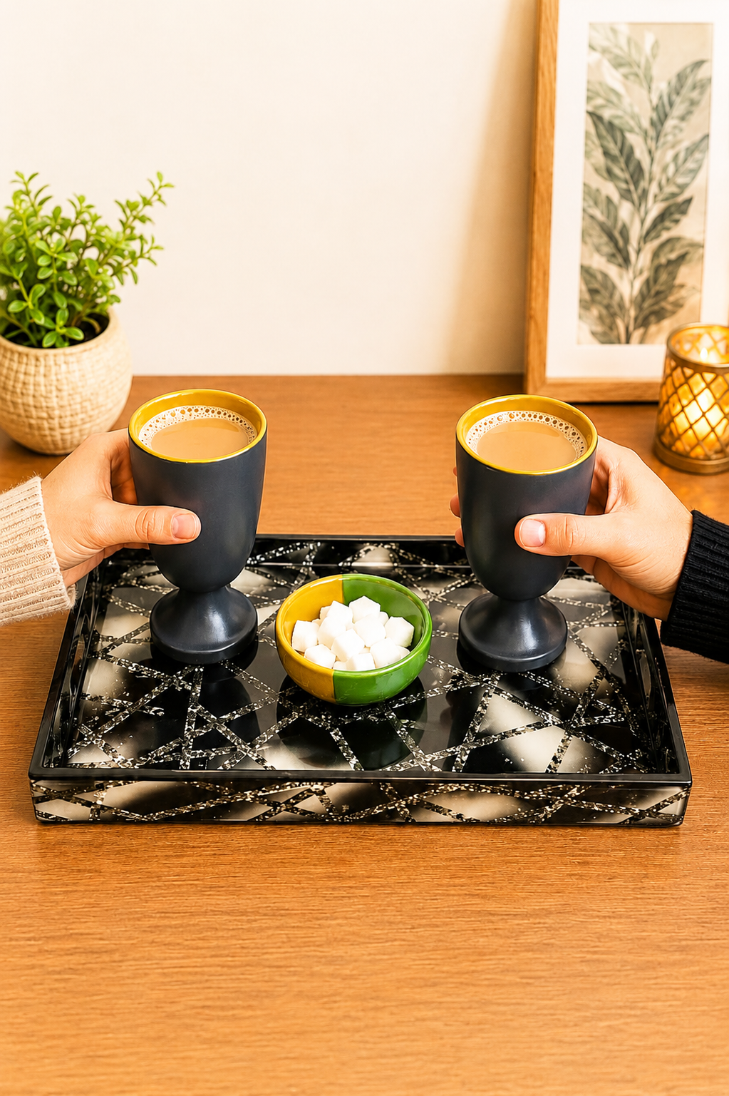 Couple Tea Time Serving Tray Set | 2 Ceramic Goblet Cups with Sugar Bowl & Decorative Serving Tray | Premium Tea Coffee Hot Chocolate Gift Set
