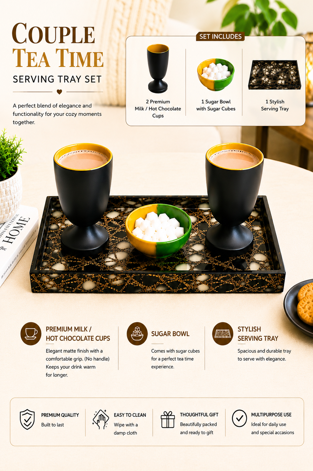 Couple Tea Time Serving Tray Set | 2 Ceramic Goblet Cups with Sugar Bowl & Decorative Serving Tray | Premium Tea Coffee Hot Chocolate Gift Set