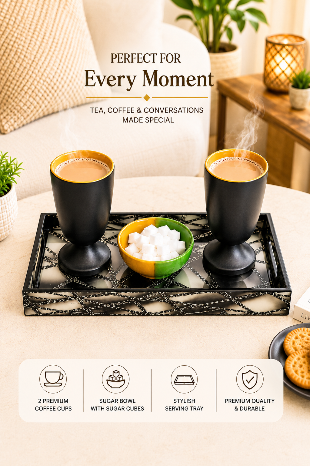 Couple Tea Time Serving Tray Set | 2 Ceramic Goblet Cups with Sugar Bowl & Decorative Serving Tray | Premium Tea Coffee Hot Chocolate Gift Set