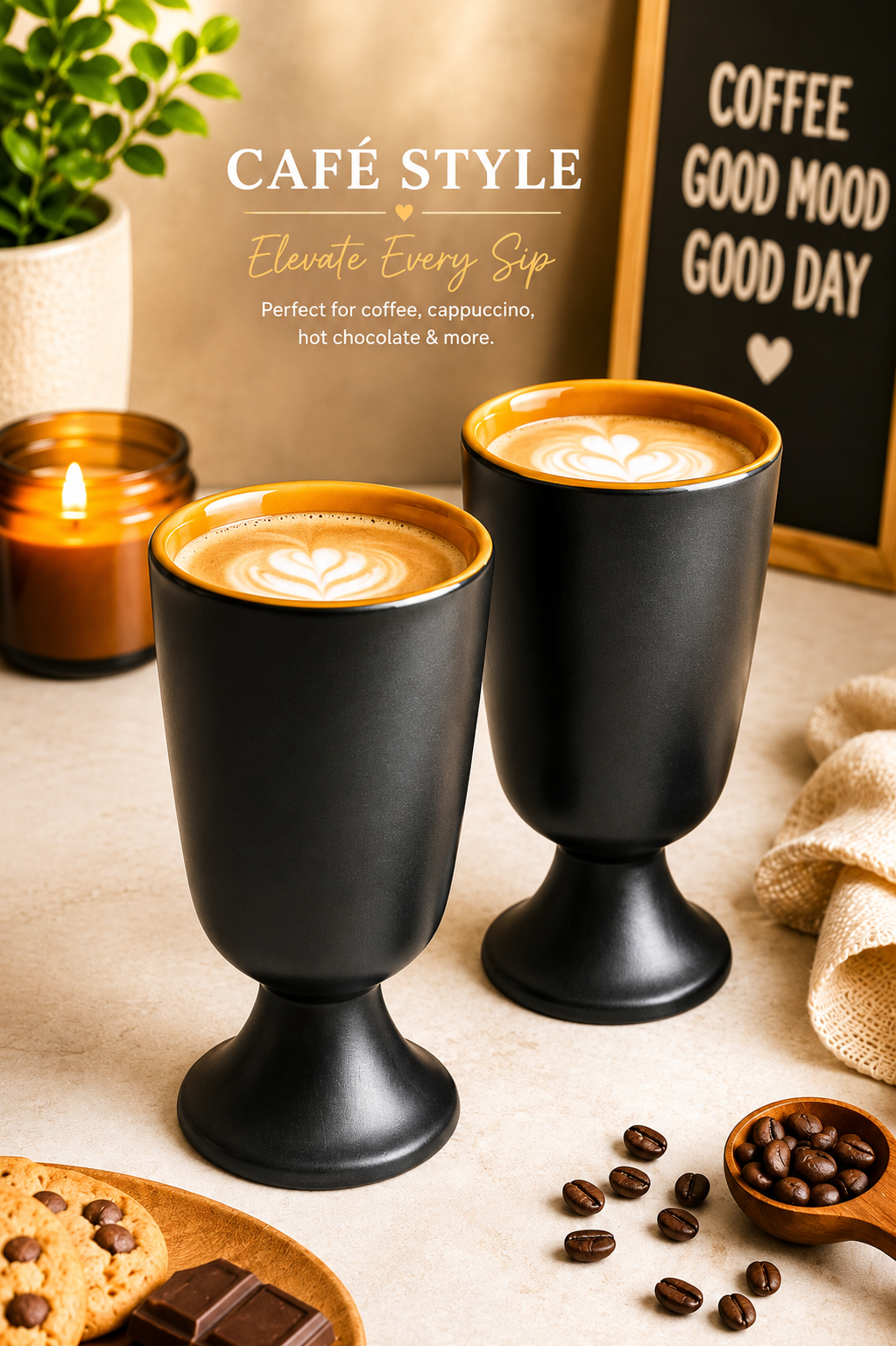 Couple Tea Time Serving Tray Set | 2 Ceramic Goblet Cups with Sugar Bowl & Decorative Serving Tray | Premium Tea Coffee Hot Chocolate Gift Set