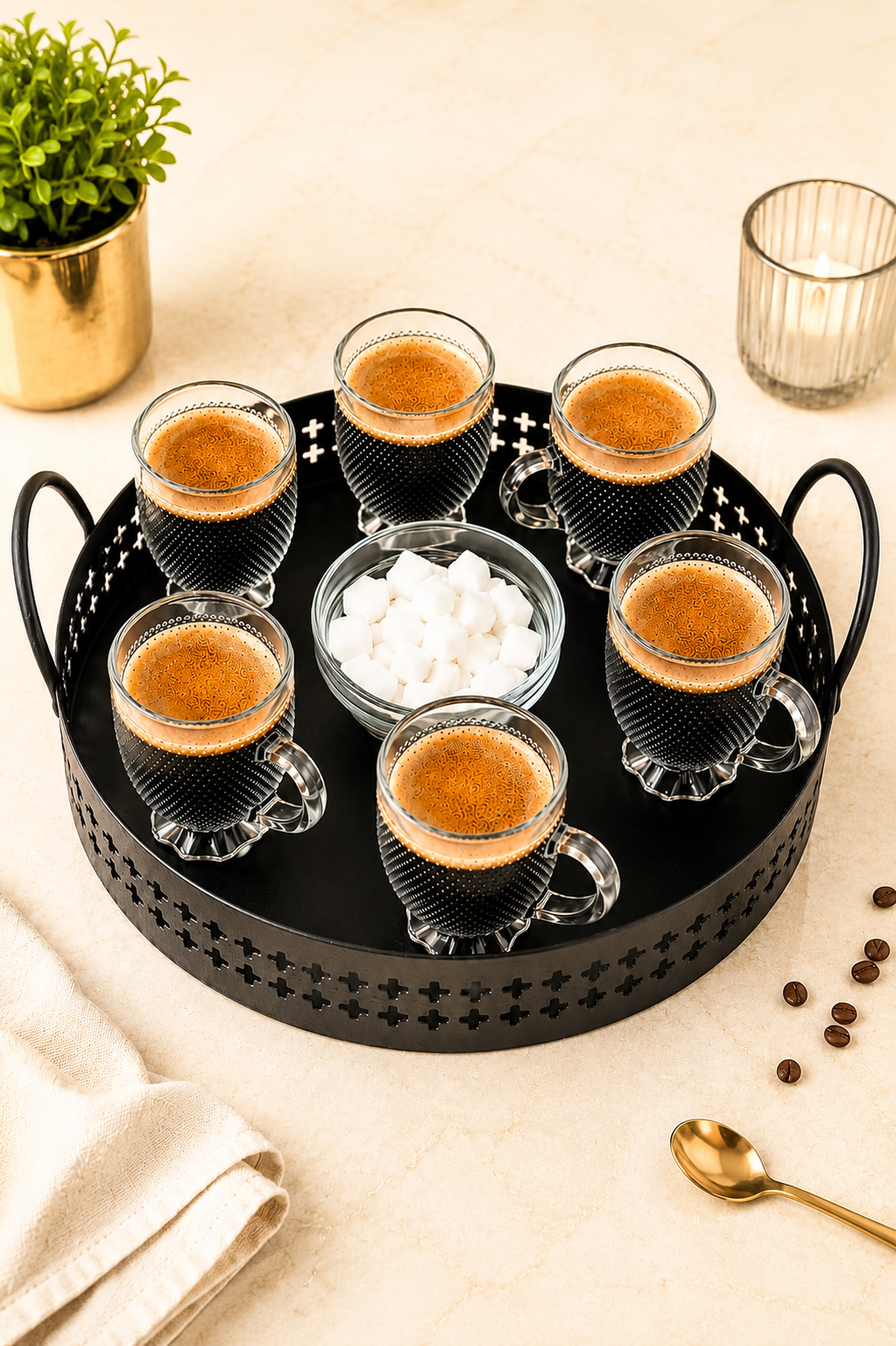 Premium 6 Glass Espresso Cup Set with Metal Serving Tray & Glass Sugar Bowl | Textured Coffee Cup Set for Espresso, Tea & Coffee | Elegant Drinkware for Home, Office & Gifting