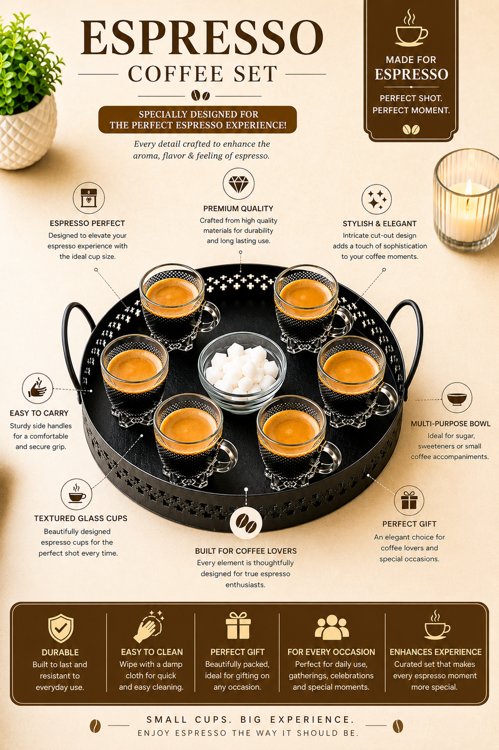 Premium 6 Glass Espresso Cup Set with Metal Serving Tray & Glass Sugar Bowl | Textured Coffee Cup Set for Espresso, Tea & Coffee | Elegant Drinkware for Home, Office & Gifting