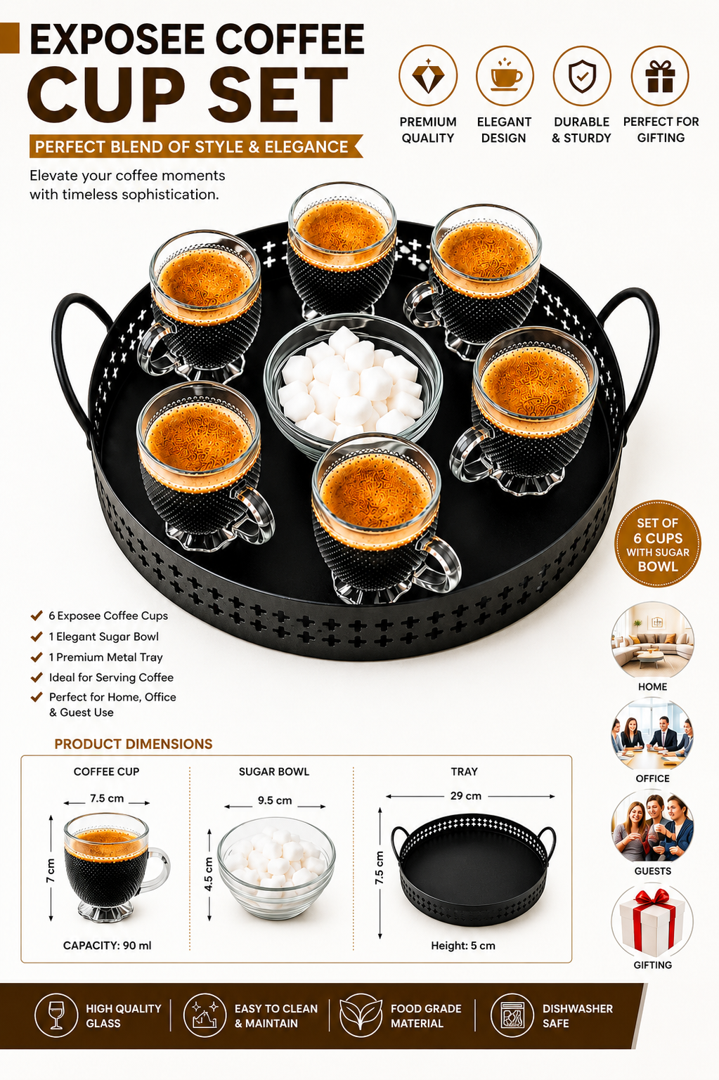 Premium 6 Glass Espresso Cup Set with Metal Serving Tray & Glass Sugar Bowl | Textured Coffee Cup Set for Espresso, Tea & Coffee | Elegant Drinkware for Home, Office & Gifting