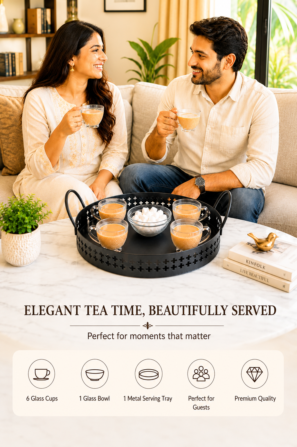 Premium 6 Glass Espresso Cup Set with Metal Serving Tray & Glass Sugar Bowl | Textured Coffee Cup Set for Espresso, Tea & Coffee | Elegant Drinkware for Home, Office & Gifting
