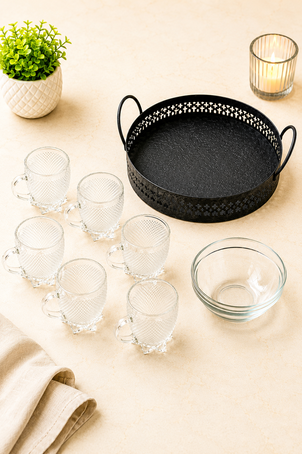 Premium 6 Glass Espresso Cup Set with Metal Serving Tray & Glass Sugar Bowl | Textured Coffee Cup Set for Espresso, Tea & Coffee | Elegant Drinkware for Home, Office & Gifting