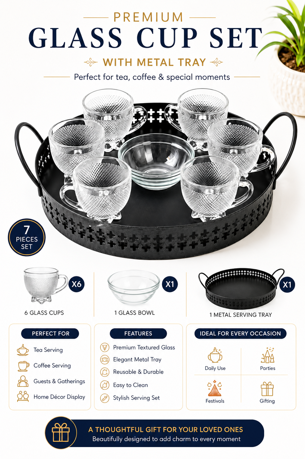 Premium 6 Glass Espresso Cup Set with Metal Serving Tray & Glass Sugar Bowl | Textured Coffee Cup Set for Espresso, Tea & Coffee | Elegant Drinkware for Home, Office & Gifting