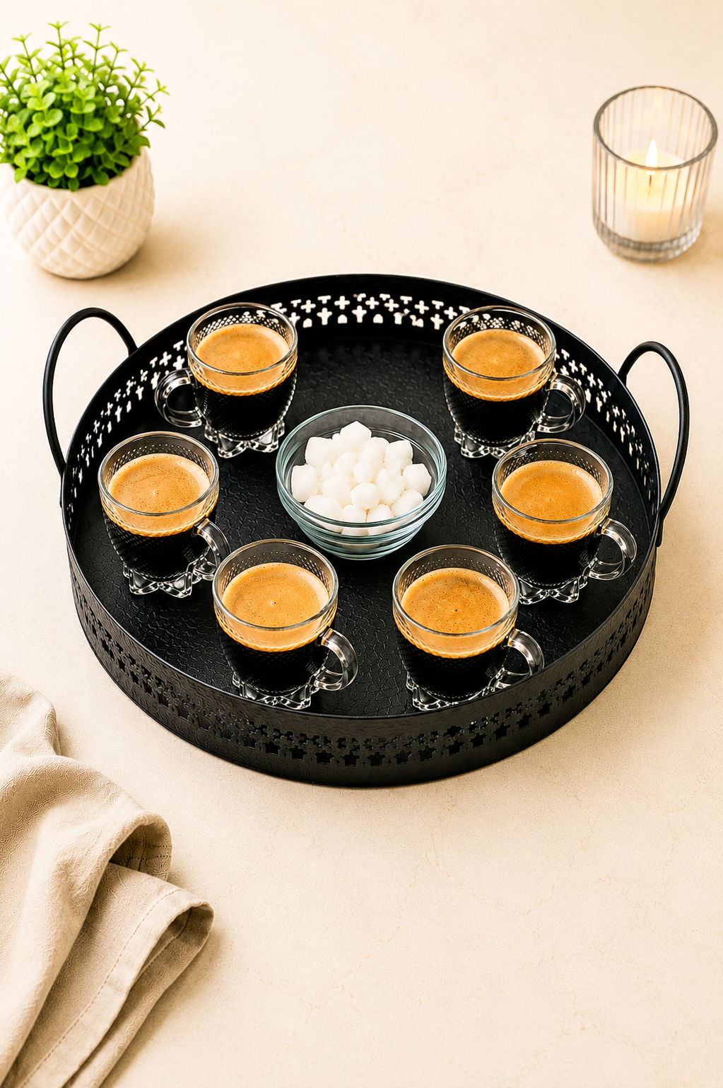 Premium 6 Glass Espresso Cup Set with Metal Serving Tray & Glass Sugar Bowl | Textured Coffee Cup Set for Espresso, Tea & Coffee | Elegant Drinkware for Home, Office & Gifting