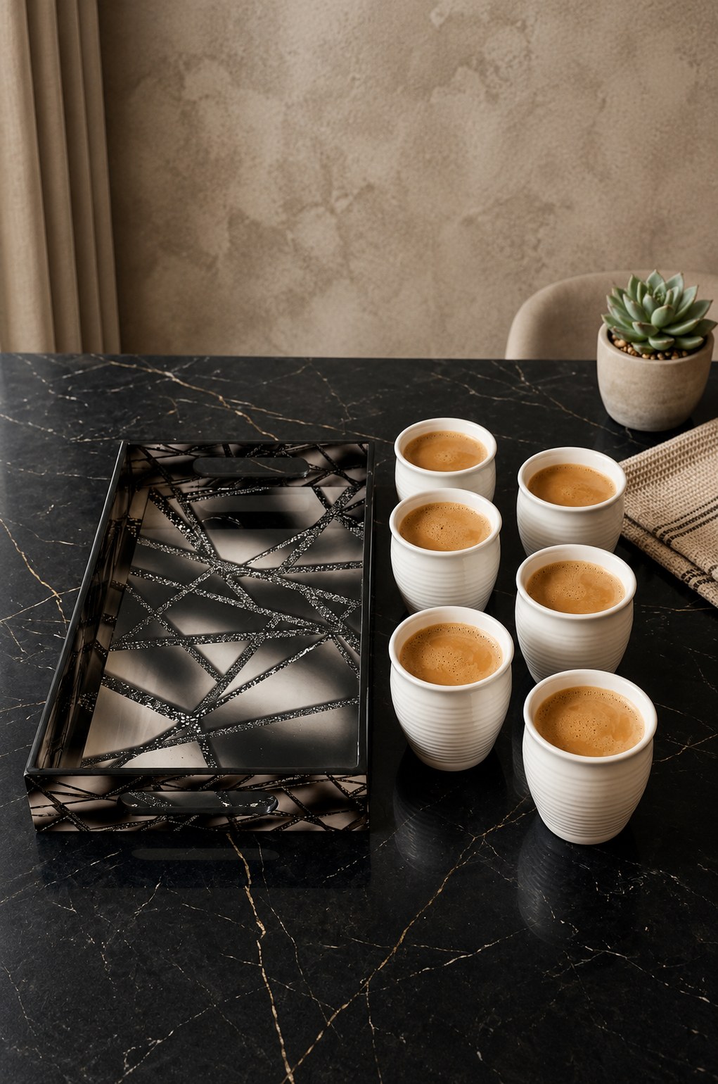 Premium 6 Ceramic Tea & Coffee Cup Set with Designer Serving Tray | White Ribbed Coffee Mug Set for Tea, Coffee, Milk & Desserts | Elegant Drinkware for Home, Office & Gifting