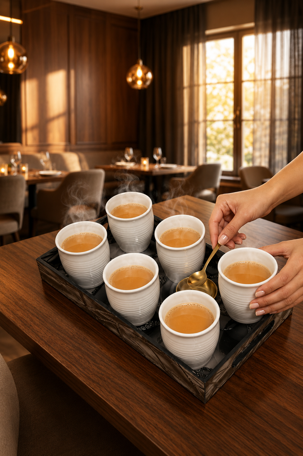 Premium 6 Ceramic Tea & Coffee Cup Set with Designer Serving Tray | White Ribbed Coffee Mug Set for Tea, Coffee, Milk & Desserts | Elegant Drinkware for Home, Office & Gifting