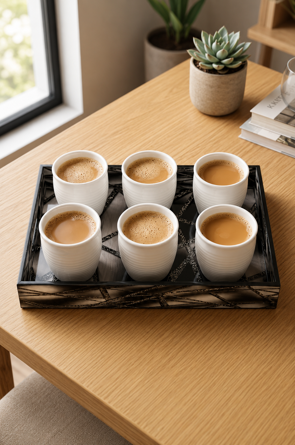 Premium 6 Ceramic Tea & Coffee Cup Set with Designer Serving Tray | White Ribbed Coffee Mug Set for Tea, Coffee, Milk & Desserts | Elegant Drinkware for Home, Office & Gifting