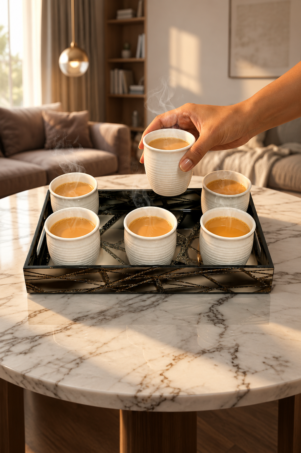 Premium 6 Ceramic Tea & Coffee Cup Set with Designer Serving Tray | White Ribbed Coffee Mug Set for Tea, Coffee, Milk & Desserts | Elegant Drinkware for Home, Office & Gifting