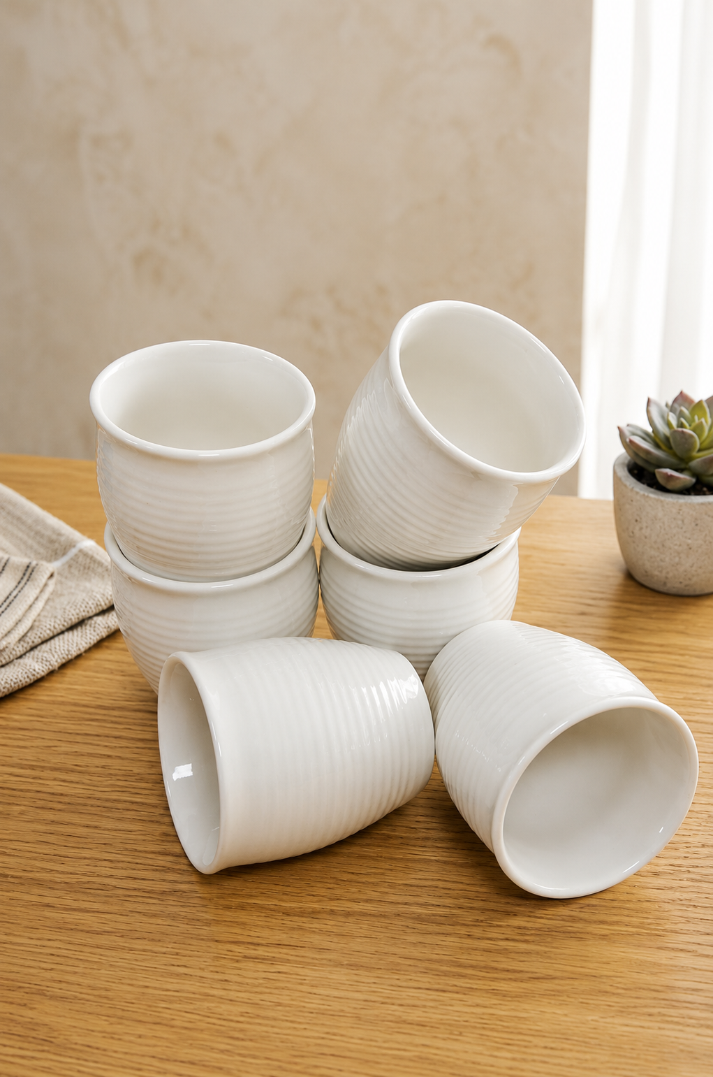 Premium 6 Ceramic Tea & Coffee Cup Set with Designer Serving Tray | White Ribbed Coffee Mug Set for Tea, Coffee, Milk & Desserts | Elegant Drinkware for Home, Office & Gifting