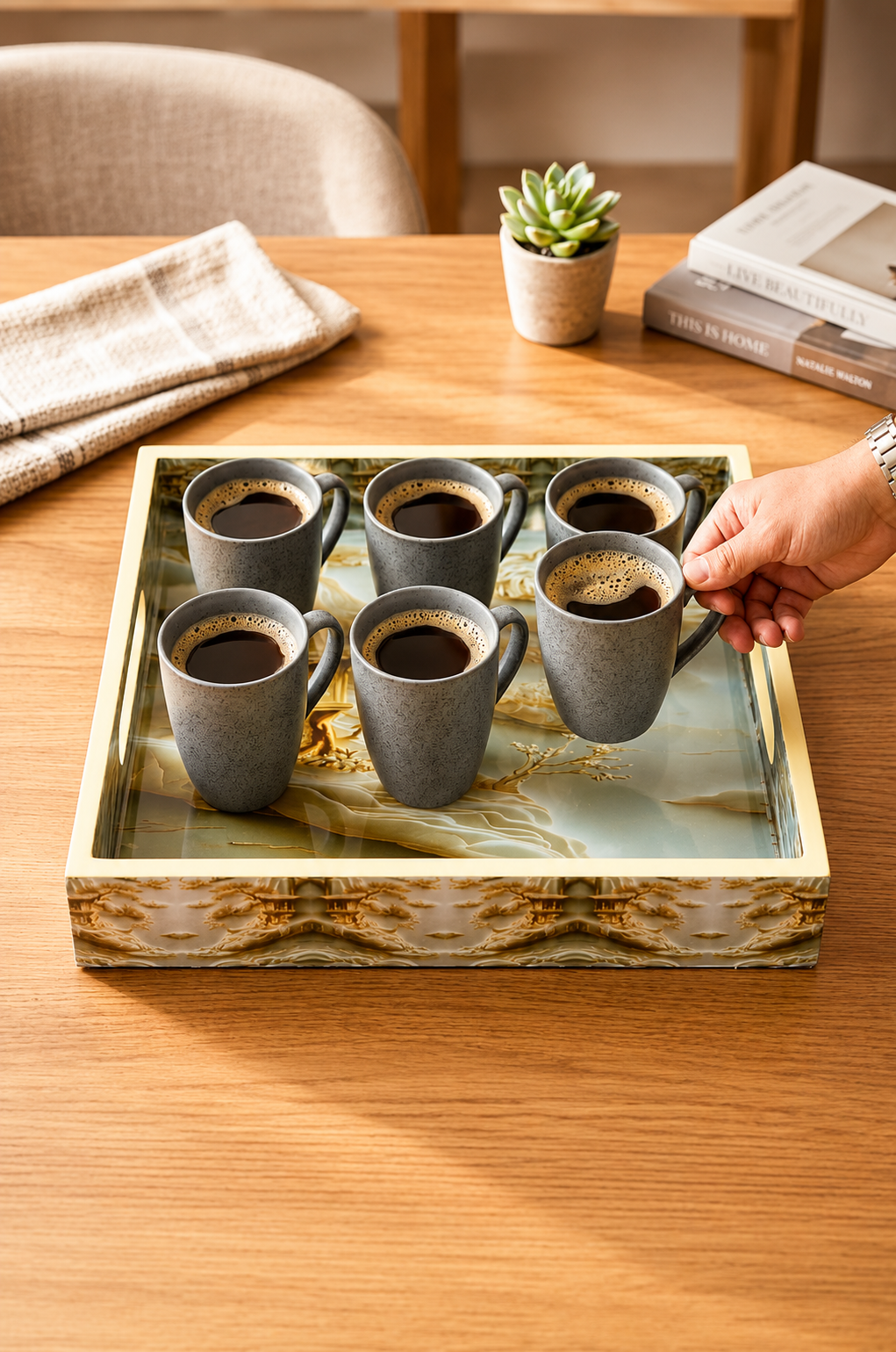 Premium 6 Ceramic Tea & Coffee Cup Set with Designer Serving Tray | Modern Stone Finish Coffee Mug Set | Multipurpose Drinkware for Tea, Coffee, Milk & Dessert | Home, Office & Gifting