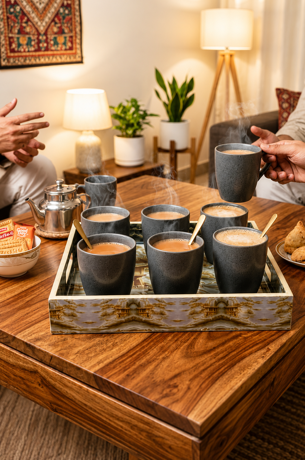Premium 6 Ceramic Tea & Coffee Cup Set with Designer Serving Tray | Modern Stone Finish Coffee Mug Set | Multipurpose Drinkware for Tea, Coffee, Milk & Dessert | Home, Office & Gifting