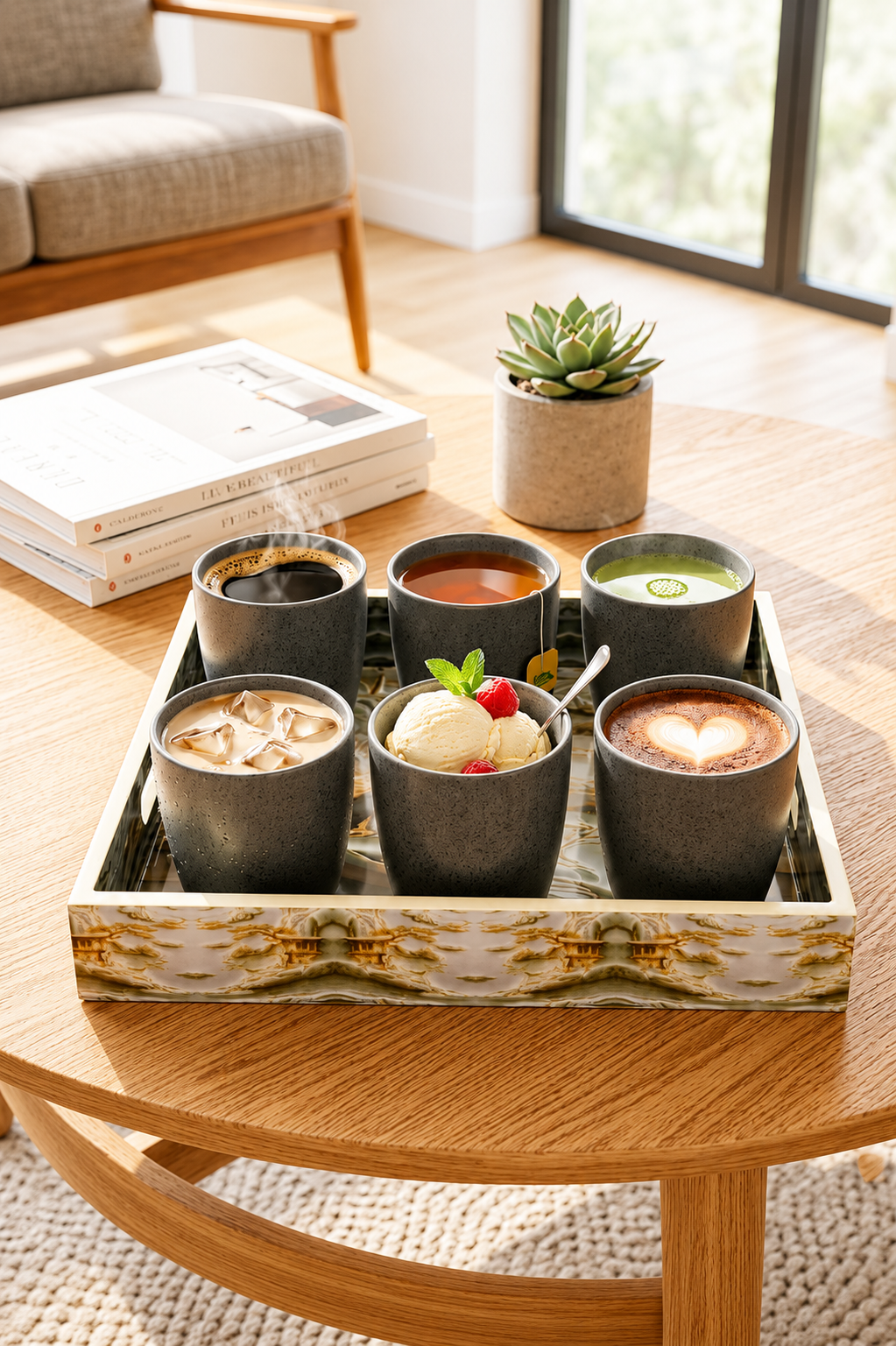Premium 6 Ceramic Tea & Coffee Cup Set with Designer Serving Tray | Modern Stone Finish Coffee Mug Set | Multipurpose Drinkware for Tea, Coffee, Milk & Dessert | Home, Office & Gifting