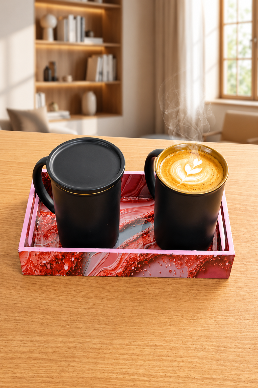 Premium 2 Ceramic Coffee Mug Set with Designer Serving Tray, Coasters & Ceramic Spoons | Matte Black Tea & Coffee Cup Set | Elegant Drinkware for Home, Office & Gifting