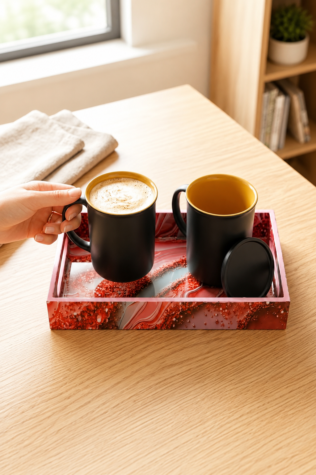 Premium 2 Ceramic Coffee Mug Set with Designer Serving Tray, Coasters & Ceramic Spoons | Matte Black Tea & Coffee Cup Set | Elegant Drinkware for Home, Office & Gifting