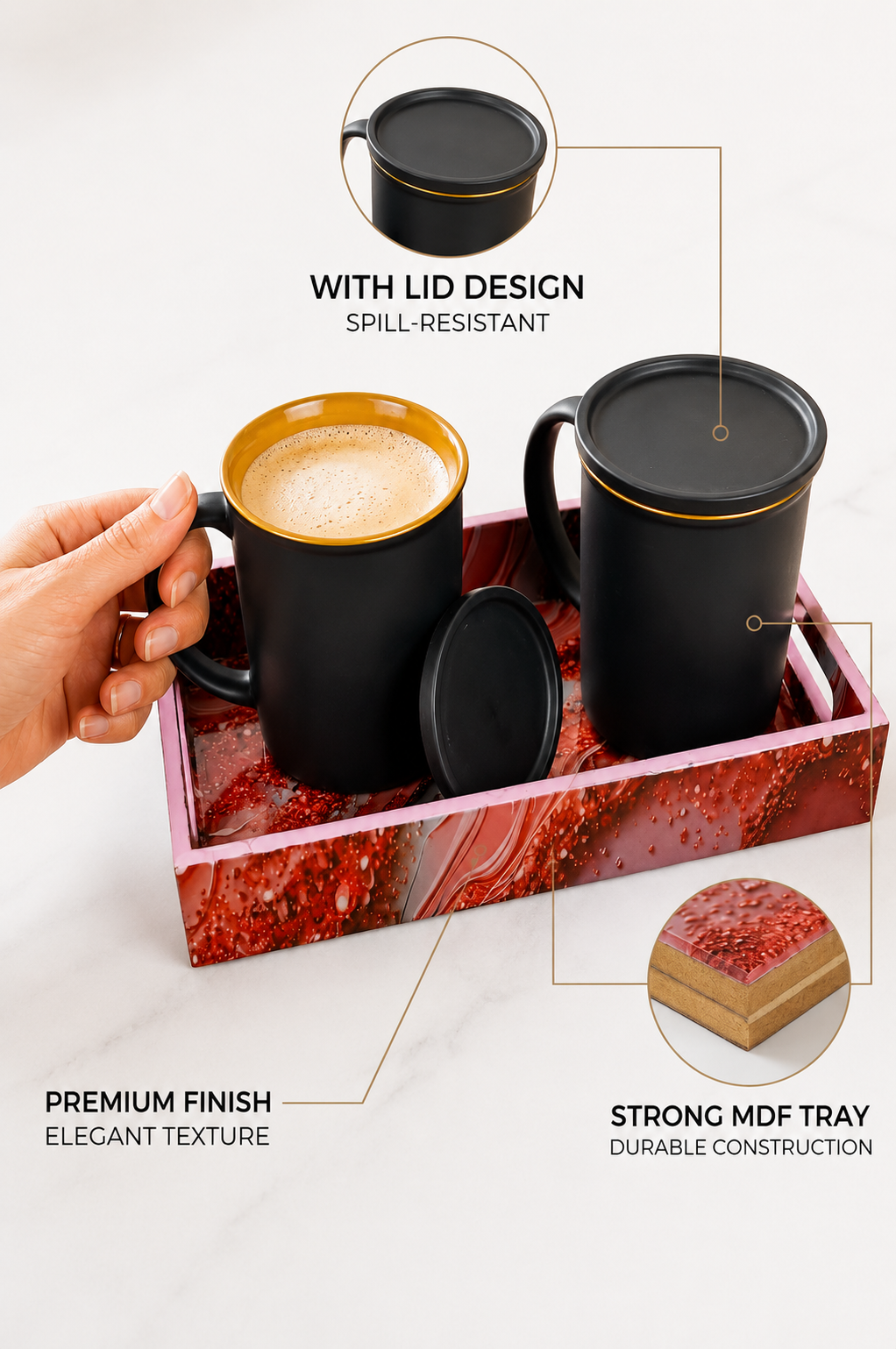 Premium 2 Ceramic Coffee Mug Set with Designer Serving Tray, Coasters & Ceramic Spoons | Matte Black Tea & Coffee Cup Set | Elegant Drinkware for Home, Office & Gifting