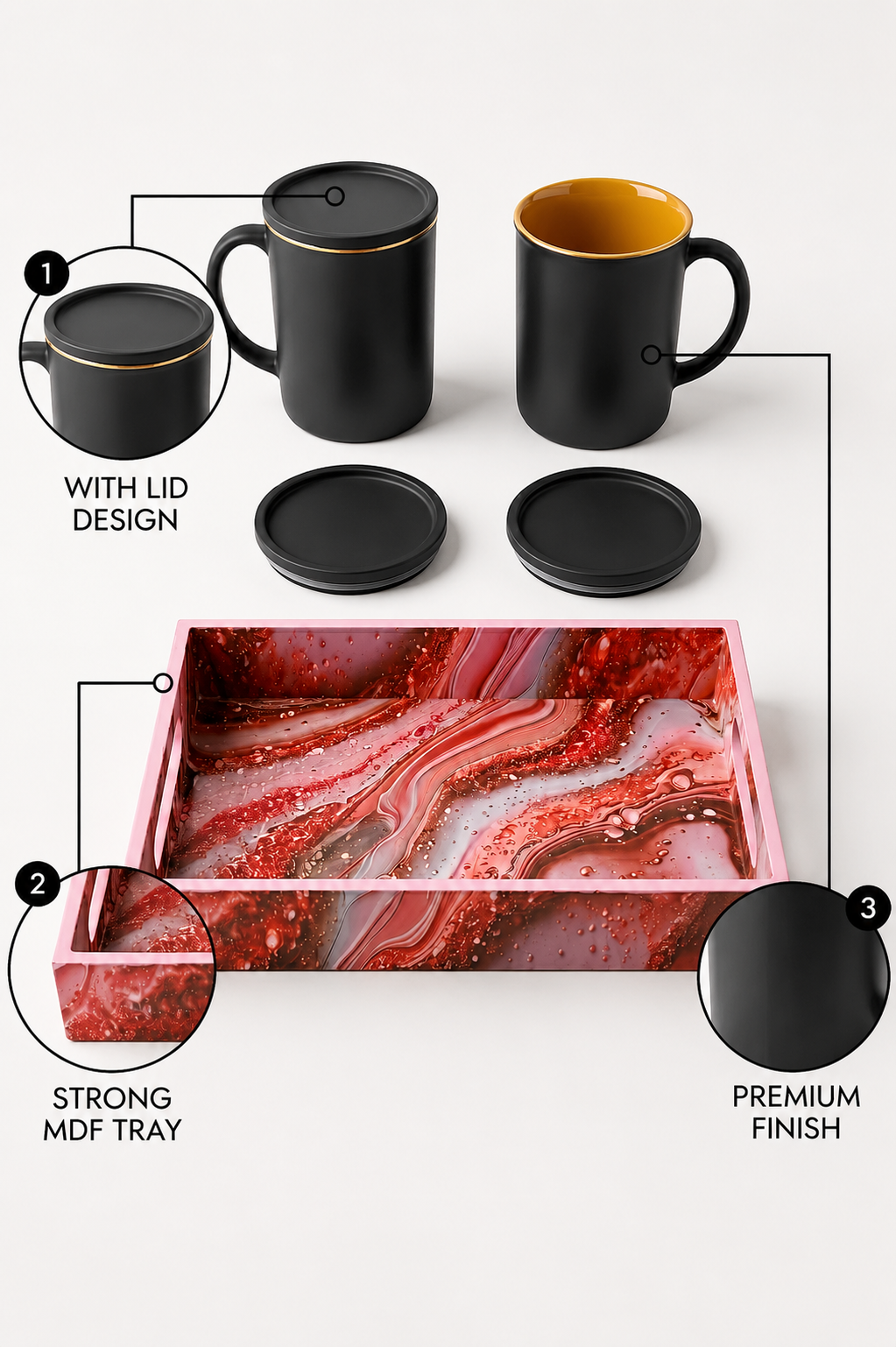 Premium 2 Ceramic Coffee Mug Set with Designer Serving Tray, Coasters & Ceramic Spoons | Matte Black Tea & Coffee Cup Set | Elegant Drinkware for Home, Office & Gifting