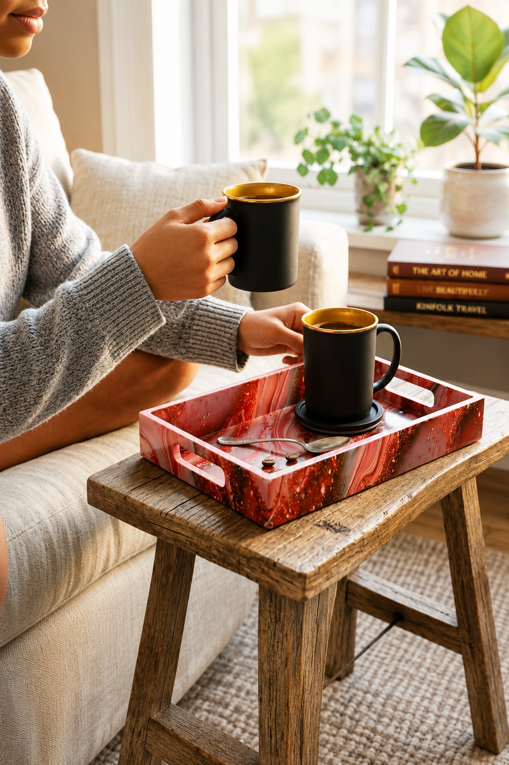 Premium 2 Ceramic Coffee Mug Set with Designer Serving Tray, Coasters & Ceramic Spoons | Matte Black Tea & Coffee Cup Set | Elegant Drinkware for Home, Office & Gifting