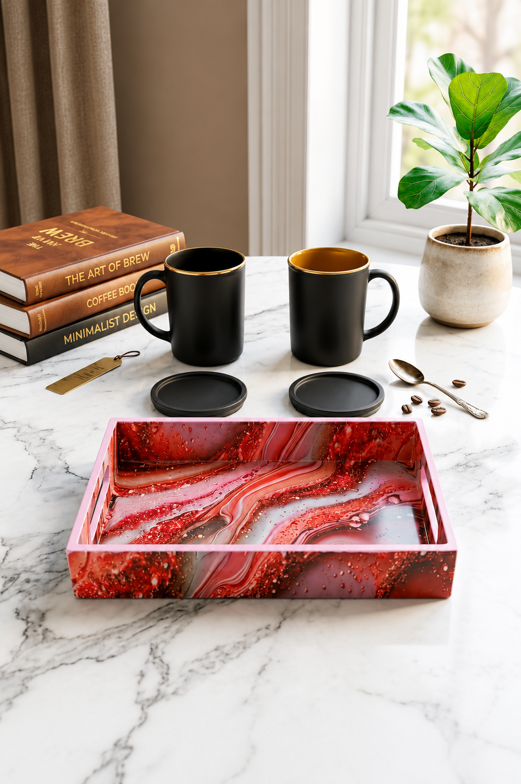 Premium 2 Ceramic Coffee Mug Set with Designer Serving Tray, Coasters & Ceramic Spoons | Matte Black Tea & Coffee Cup Set | Elegant Drinkware for Home, Office & Gifting