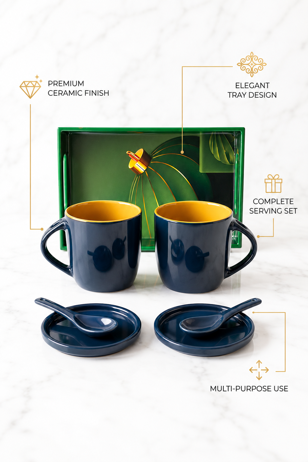 Premium 2 Ceramic Coffee Mug Set with Serving Tray, Coasters & Ceramic Spoons | Tea & Coffee Cup Gift Set | Elegant Drinkware for Home, Office & Gifting