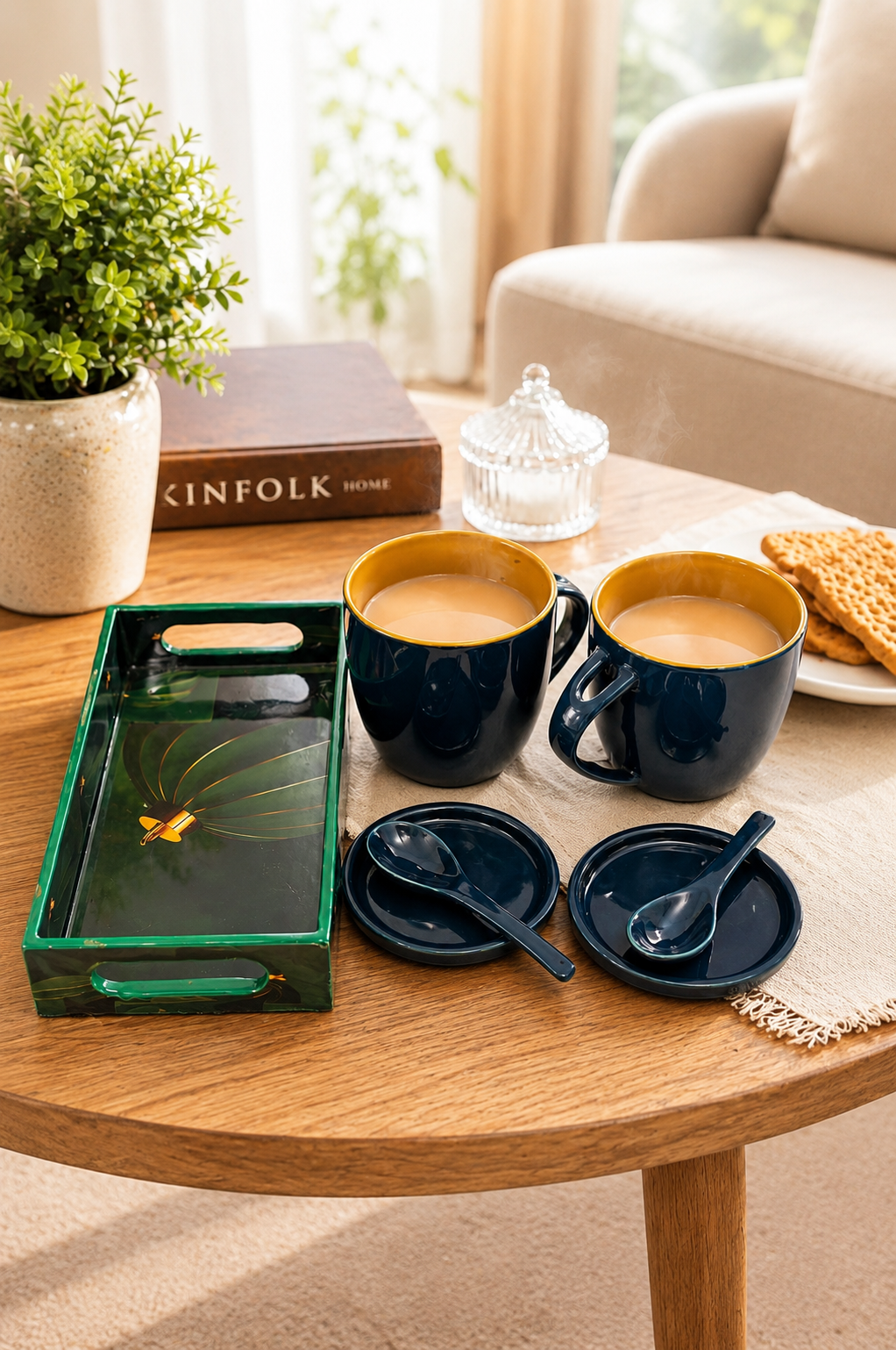 Premium 2 Ceramic Coffee Mug Set with Serving Tray, Coasters & Ceramic Spoons | Tea & Coffee Cup Gift Set | Elegant Drinkware for Home, Office & Gifting