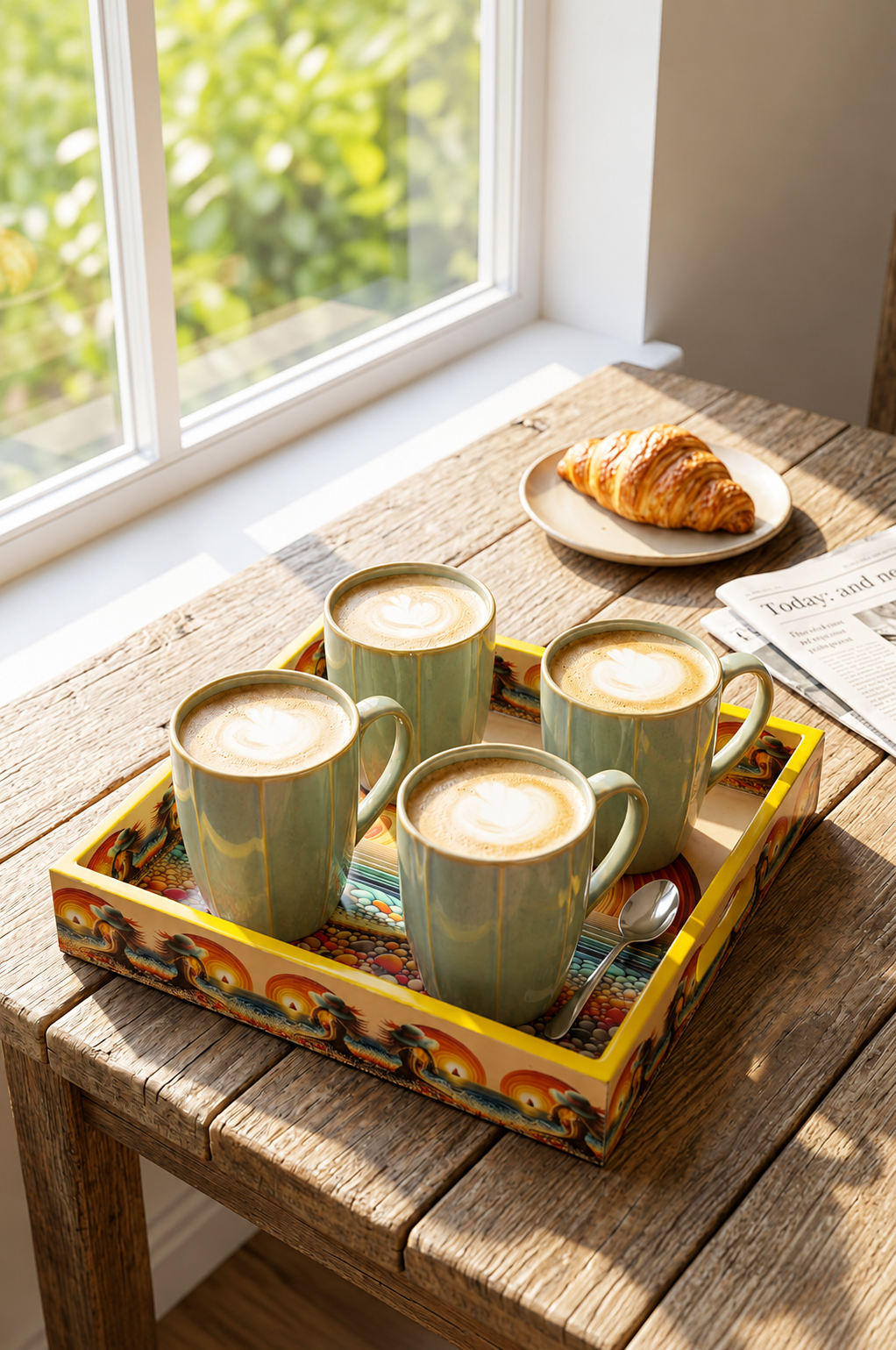 Premium 4 Ceramic Coffee Mug Set with Designer Serving Tray | Tea & Coffee Cup Set with Printed Tray | Modern Drinkware Set for Home, Office & Gifting