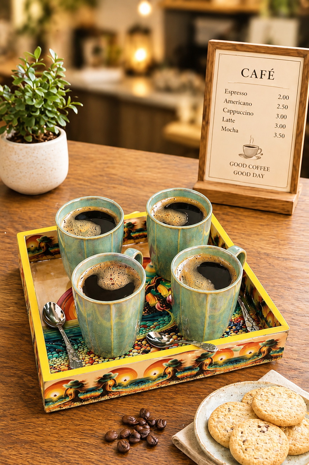 Premium 4 Ceramic Coffee Mug Set with Designer Serving Tray | Tea & Coffee Cup Set with Printed Tray | Modern Drinkware Set for Home, Office & Gifting