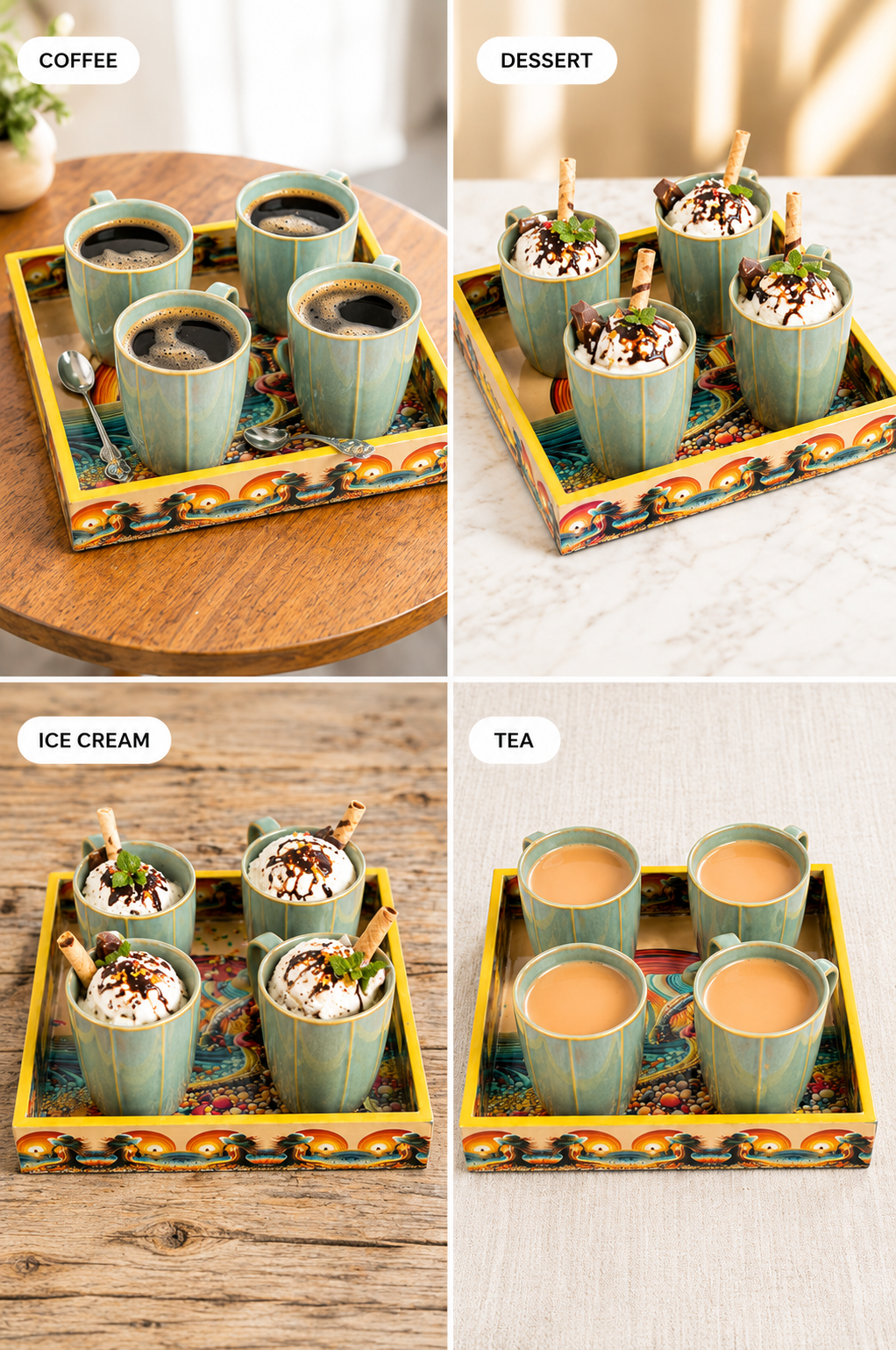 Premium 4 Ceramic Coffee Mug Set with Designer Serving Tray | Tea & Coffee Cup Set with Printed Tray | Modern Drinkware Set for Home, Office & Gifting