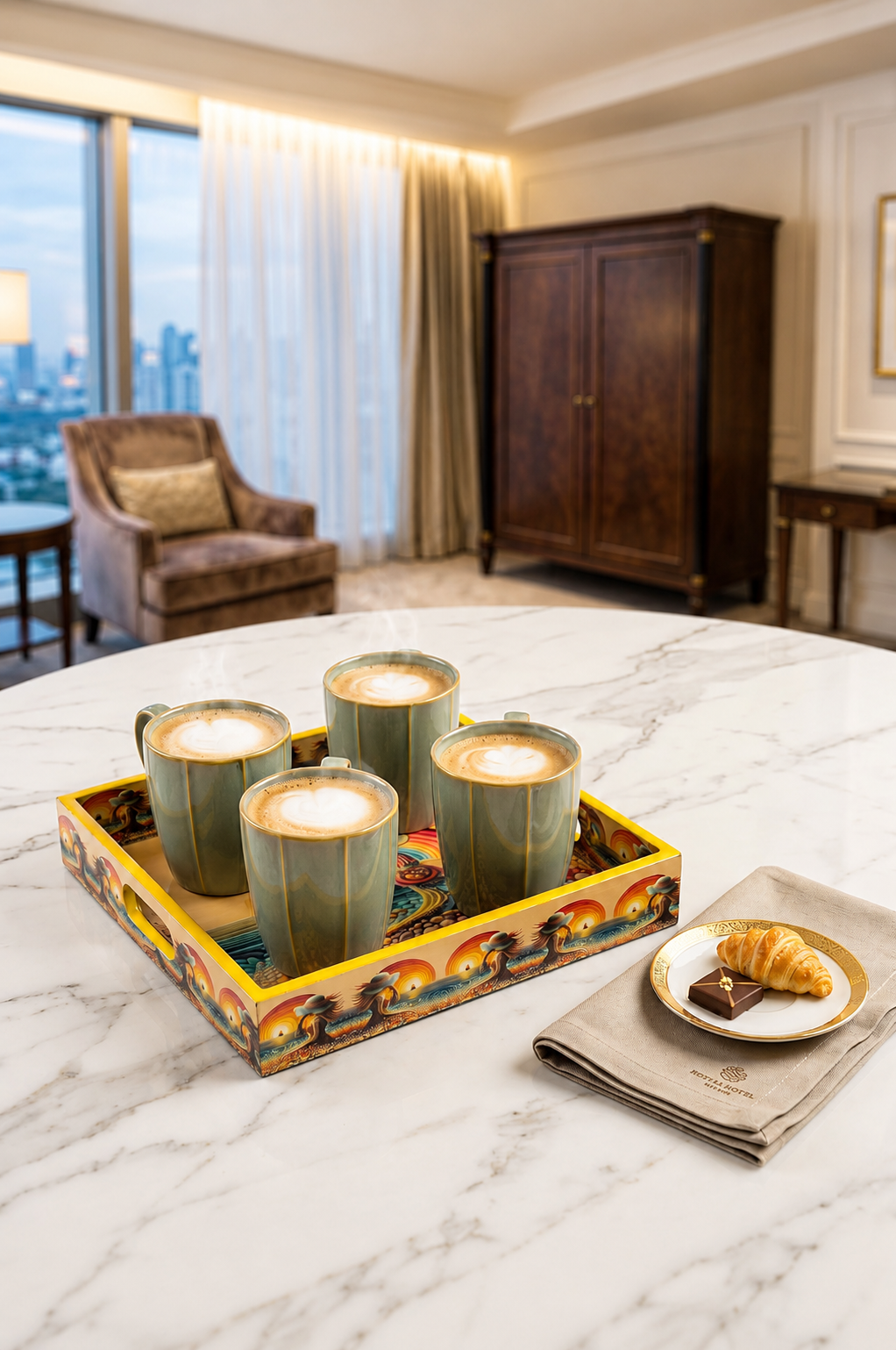 Premium 4 Ceramic Coffee Mug Set with Designer Serving Tray | Tea & Coffee Cup Set with Printed Tray | Modern Drinkware Set for Home, Office & Gifting