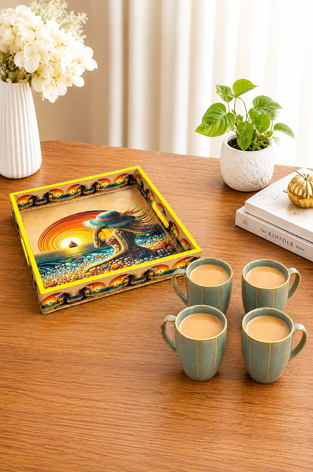 Premium 4 Ceramic Coffee Mug Set with Designer Serving Tray | Tea & Coffee Cup Set with Printed Tray | Modern Drinkware Set for Home, Office & Gifting
