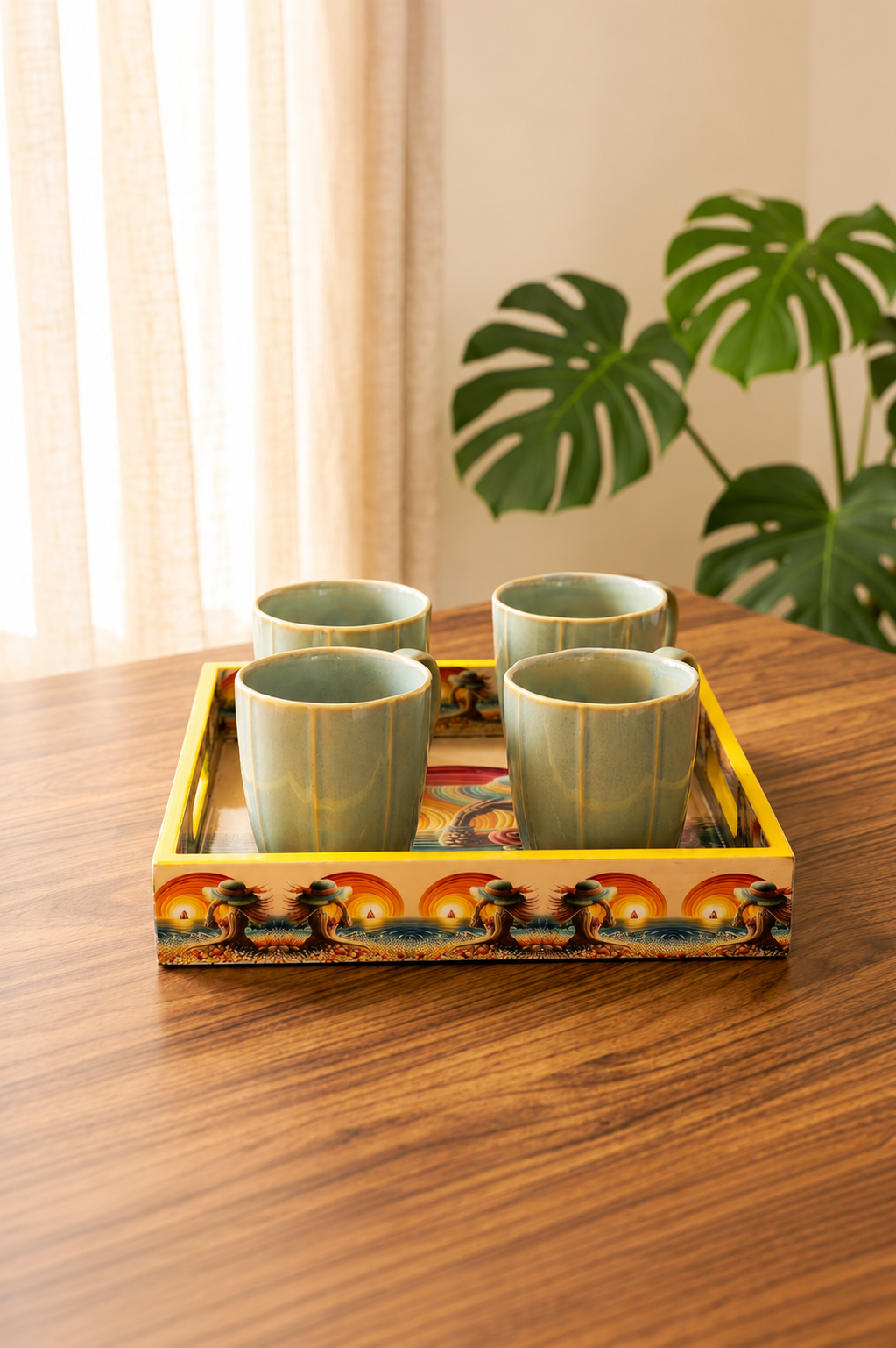 Premium 4 Ceramic Coffee Mug Set with Designer Serving Tray | Tea & Coffee Cup Set with Printed Tray | Modern Drinkware Set for Home, Office & Gifting