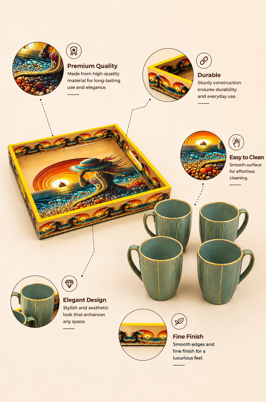 Premium 4 Ceramic Coffee Mug Set with Designer Serving Tray | Tea & Coffee Cup Set with Printed Tray | Modern Drinkware Set for Home, Office & Gifting