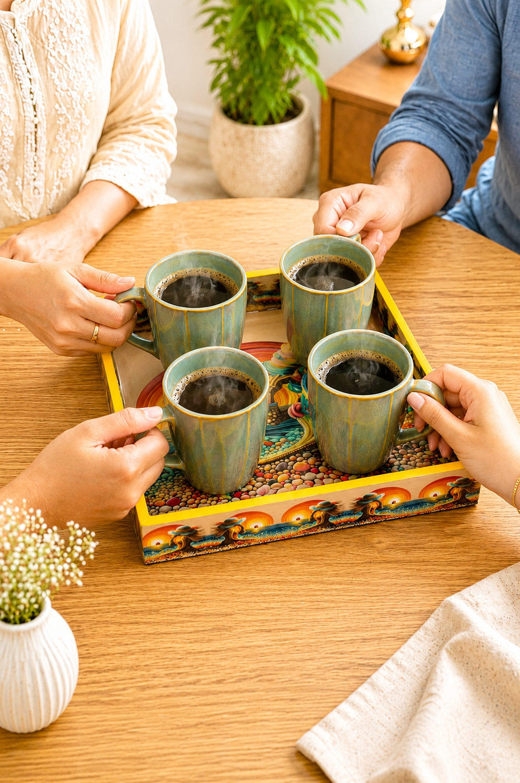 Premium 4 Ceramic Coffee Mug Set with Designer Serving Tray | Tea & Coffee Cup Set with Printed Tray | Modern Drinkware Set for Home, Office & Gifting