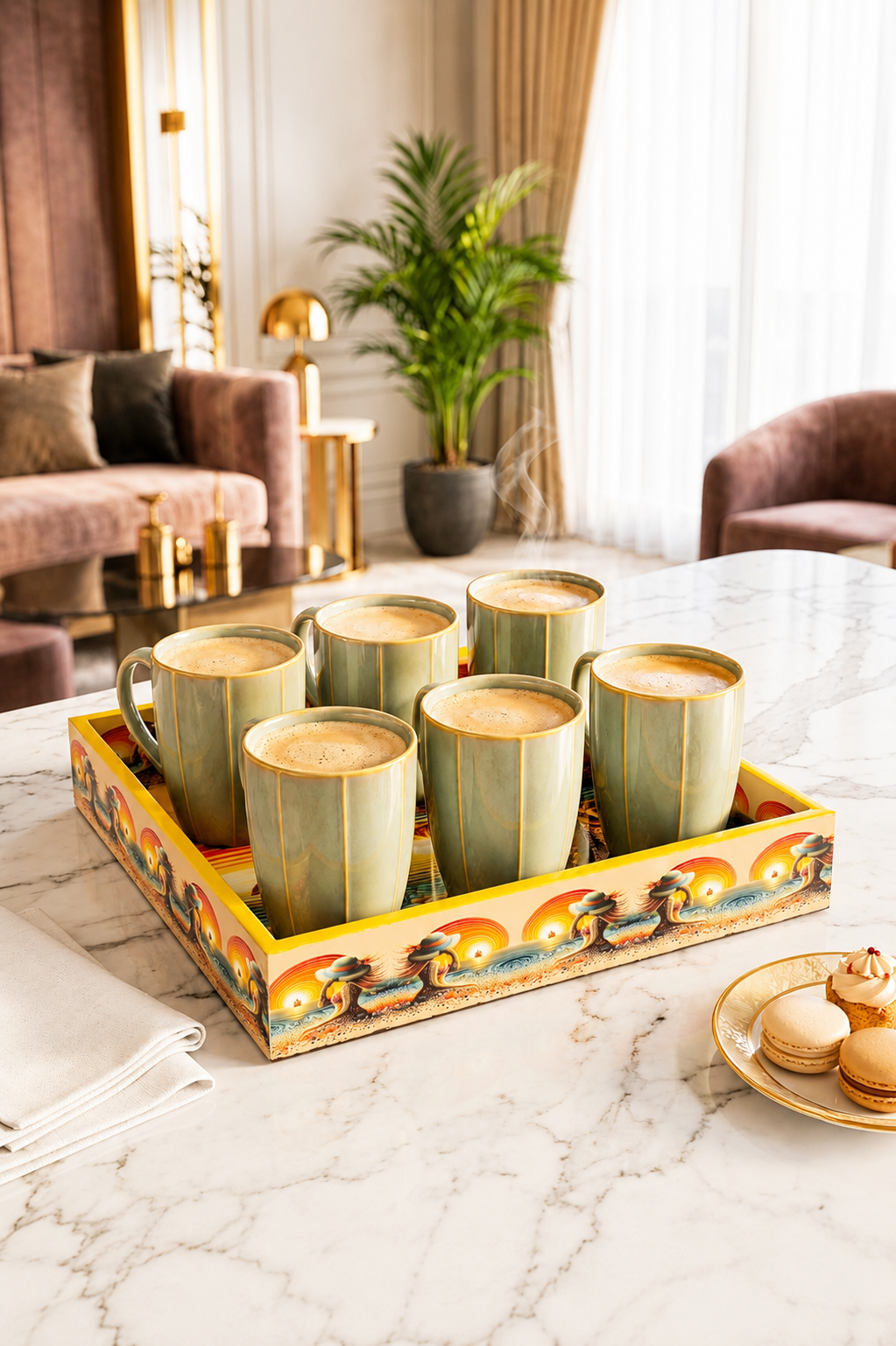 Premium 6 Ceramic Coffee Mug Set with Designer Serving Tray | Printed Tea & Coffee Cup Set | Modern Drinkware Set for Home, Office, Café & Gifting