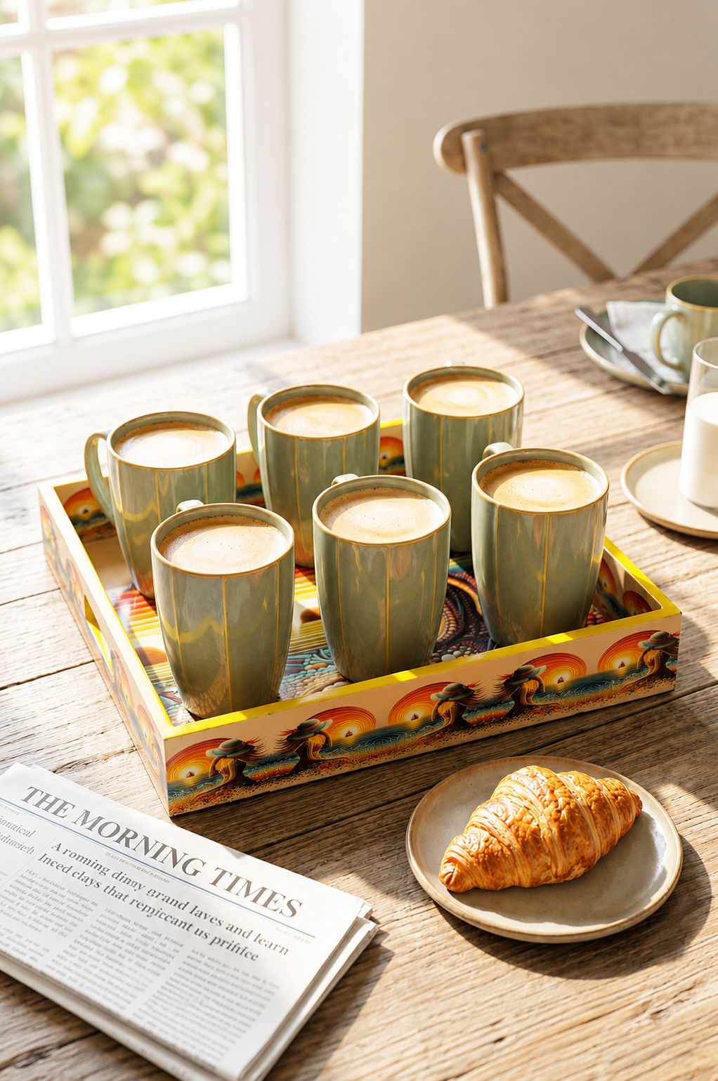 Premium 6 Ceramic Coffee Mug Set with Designer Serving Tray | Printed Tea & Coffee Cup Set | Modern Drinkware Set for Home, Office, Café & Gifting