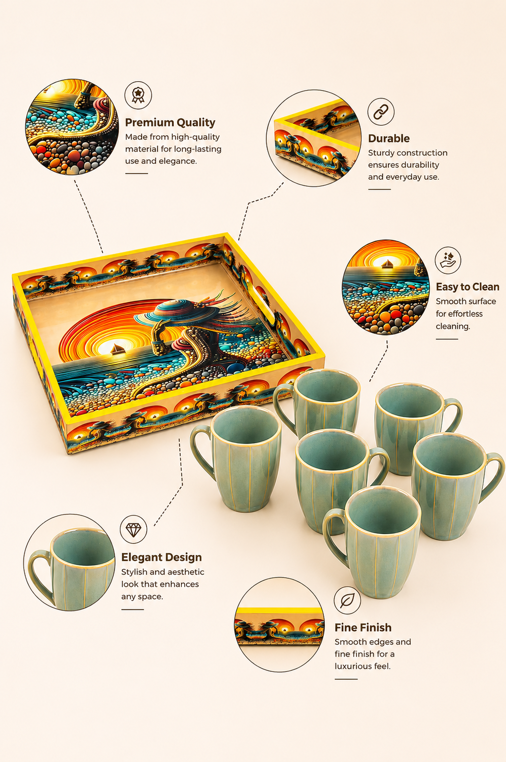 Premium 6 Ceramic Coffee Mug Set with Designer Serving Tray | Printed Tea & Coffee Cup Set | Modern Drinkware Set for Home, Office, Café & Gifting