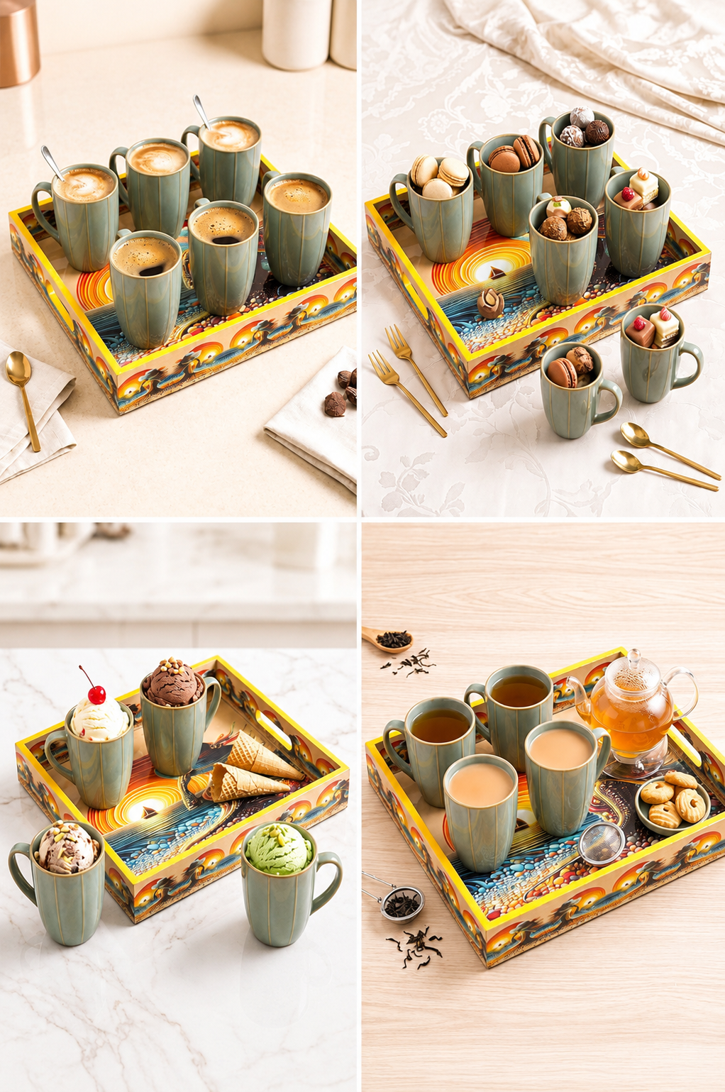Premium 6 Ceramic Coffee Mug Set with Designer Serving Tray | Printed Tea & Coffee Cup Set | Modern Drinkware Set for Home, Office, Café & Gifting