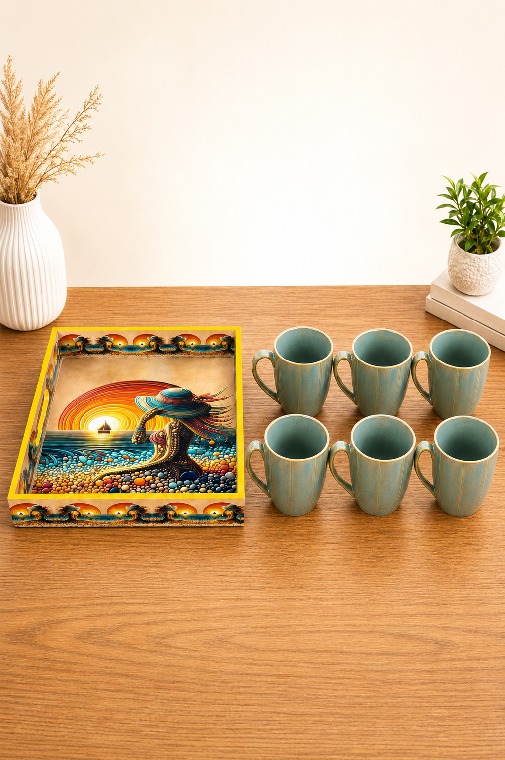 Premium 6 Ceramic Coffee Mug Set with Designer Serving Tray | Printed Tea & Coffee Cup Set | Modern Drinkware Set for Home, Office, Café & Gifting