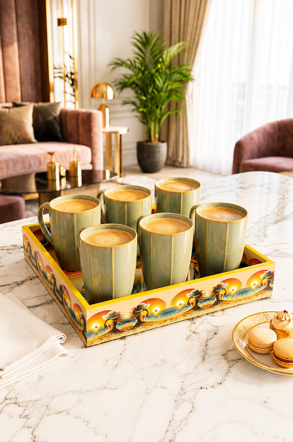 Premium 6 Ceramic Coffee Mug Set with Designer Serving Tray | Printed Tea & Coffee Cup Set | Modern Drinkware Set for Home, Office, Café & Gifting