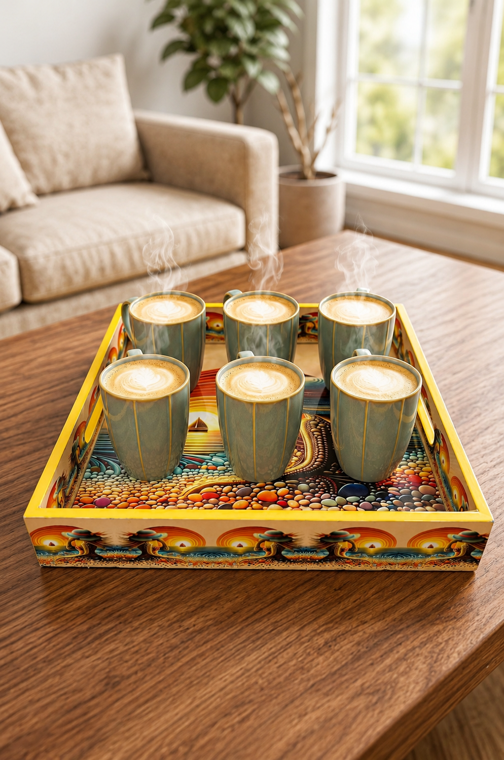 Premium 6 Ceramic Coffee Mug Set with Designer Serving Tray | Printed Tea & Coffee Cup Set | Modern Drinkware Set for Home, Office, Café & Gifting