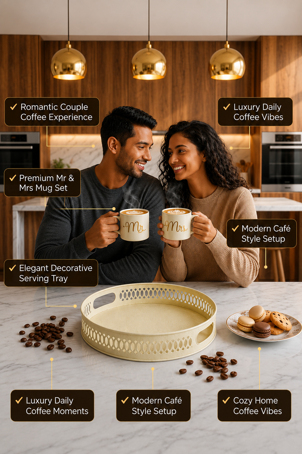 Premium Mr & Mrs Ceramic Coffee Mug Set with Decorative Metal Serving Tray | Couple Coffee Cup Set for Tea, Coffee & Hot Beverages | Elegant Gift Set for Wedding, Anniversary & Home Décor