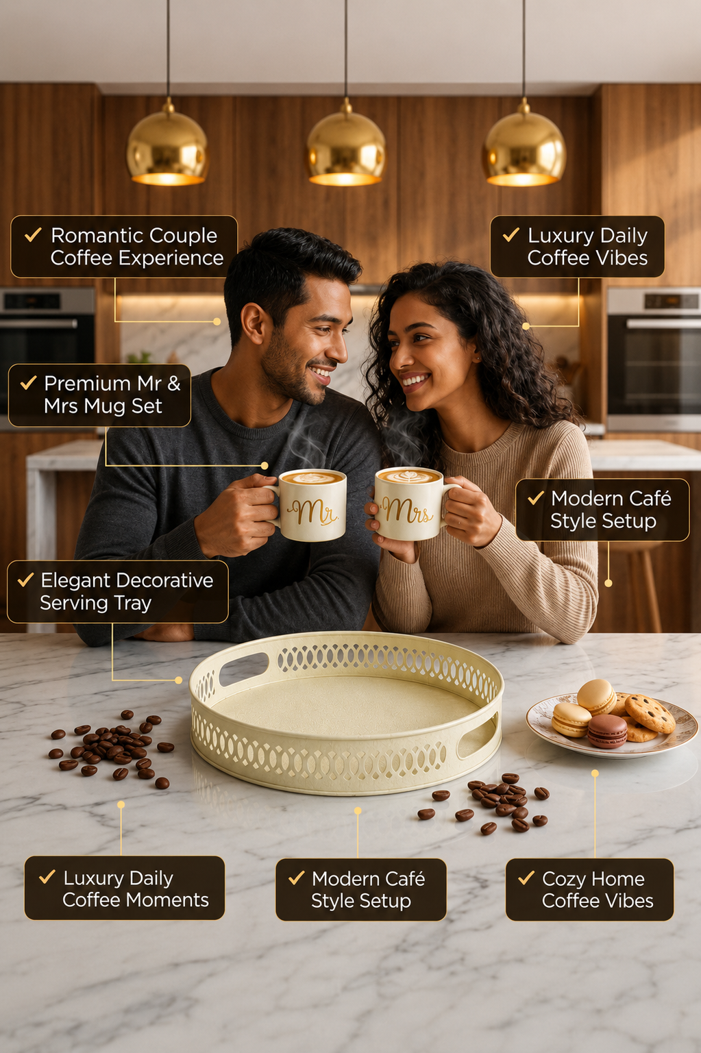 Premium Mr & Mrs Ceramic Coffee Mug Set with Decorative Metal Serving Tray | Couple Coffee Cup Set for Tea, Coffee & Hot Beverages | Elegant Gift Set for Wedding, Anniversary & Home Décor