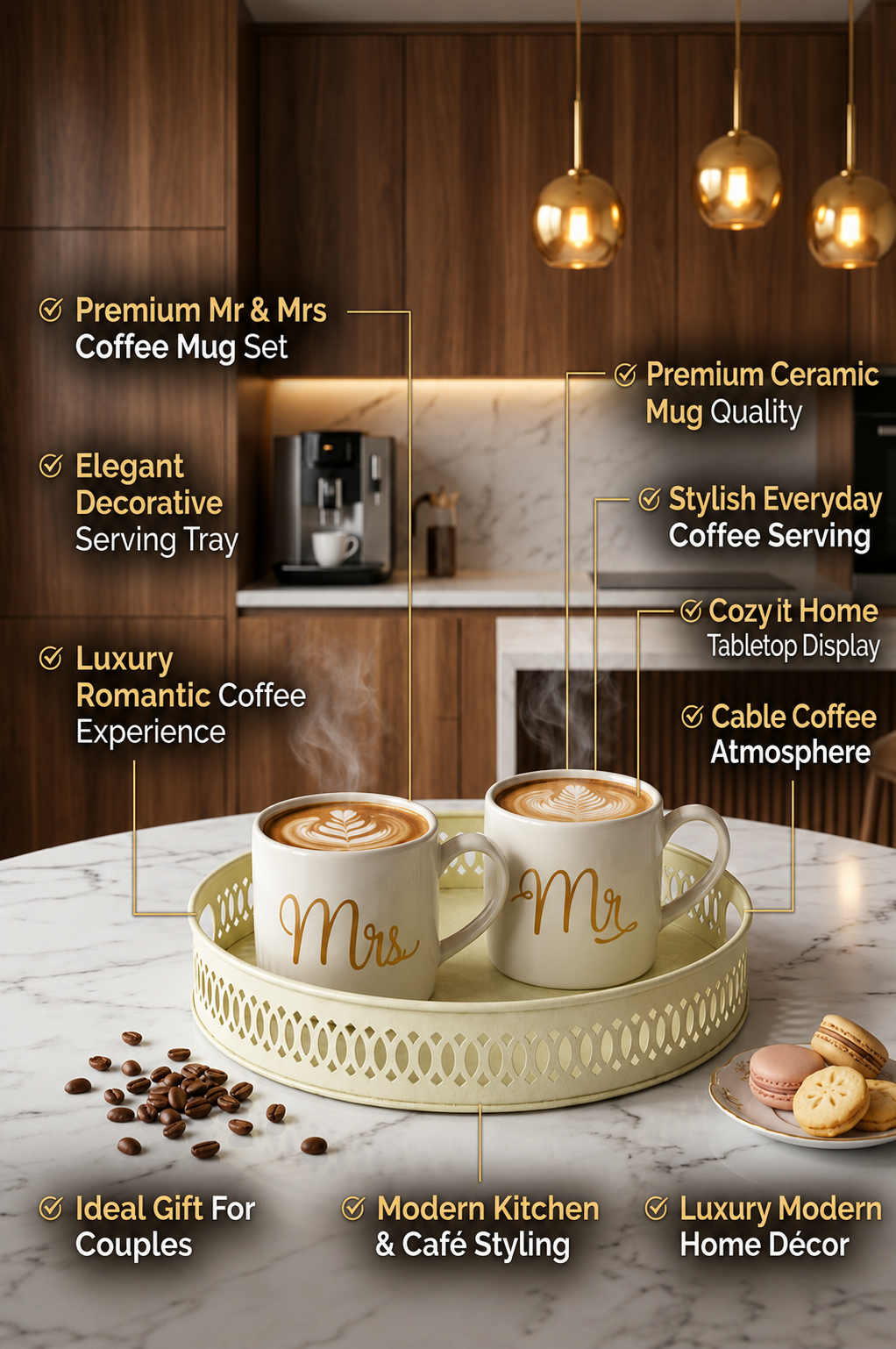 Premium Mr & Mrs Ceramic Coffee Mug Set with Decorative Metal Serving Tray | Couple Coffee Cup Set for Tea, Coffee & Hot Beverages | Elegant Gift Set for Wedding, Anniversary & Home Décor