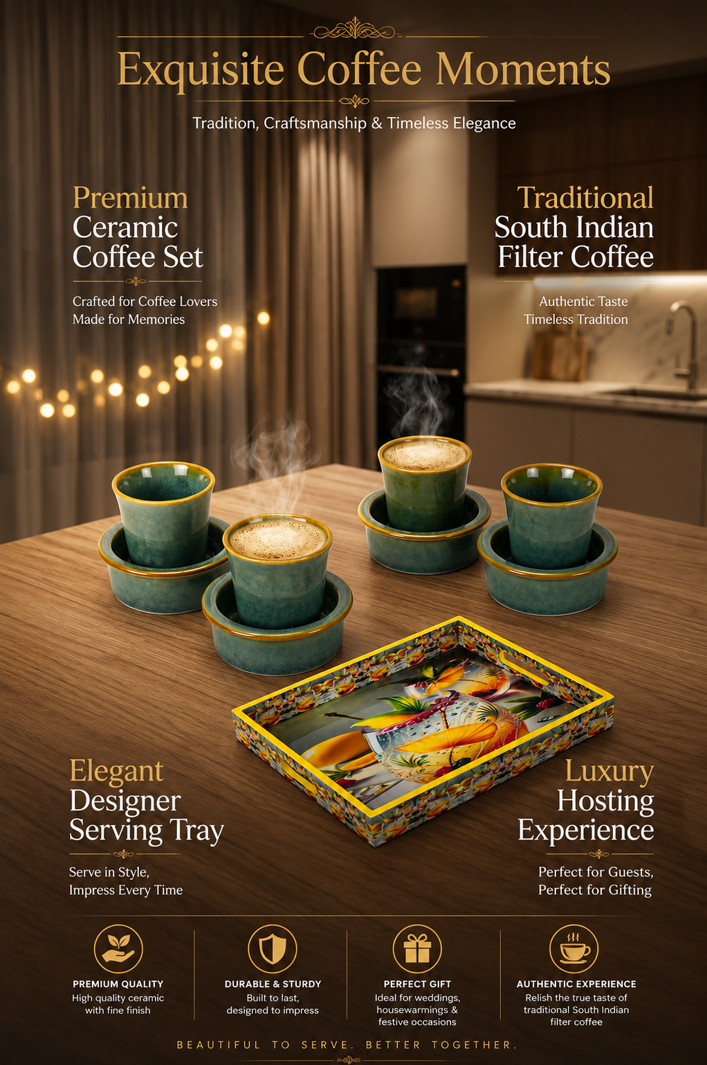Premium 4 Ceramic South Indian Filter Coffee Cup Set with Designer Serving Tray | Traditional Coffee Tumbler Set for Espresso, Tea & Coffee | Elegant Drinkware for Home, Office & Gifting