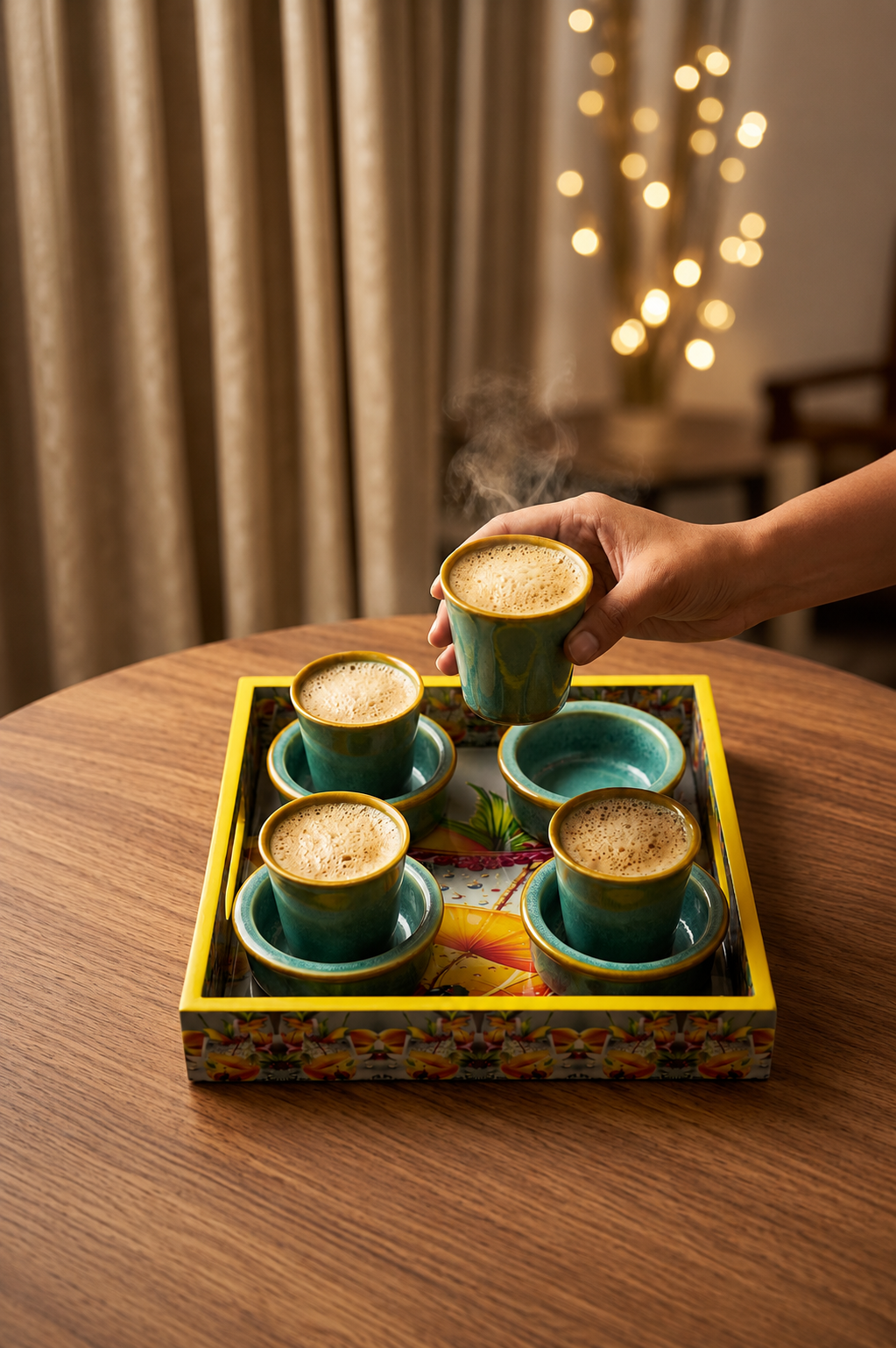 Premium 4 Ceramic South Indian Filter Coffee Cup Set with Designer Serving Tray | Traditional Coffee Tumbler Set for Espresso, Tea & Coffee | Elegant Drinkware for Home, Office & Gifting